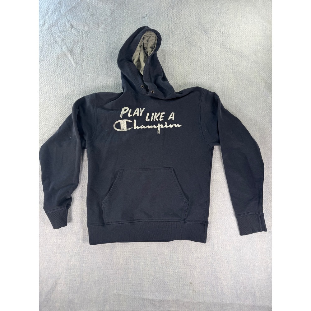 Champion Mens Play Like A Champion Hoodie Navy Blue Graphic Sweatshirt Medium